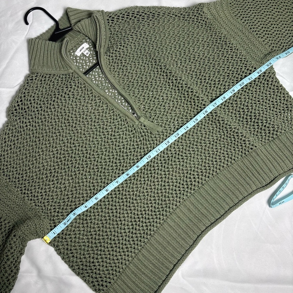 Aerie Olive Green Cropped Knit Sweater Quarter Zip Chunky Cotton Size S/P - Picture 8 of 9